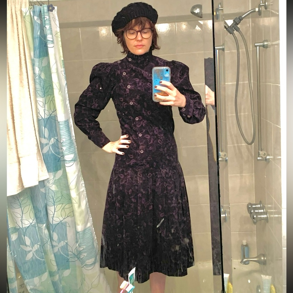 Laura Ashley Purple and Black Corduroy Drop Waist Dress Size 10